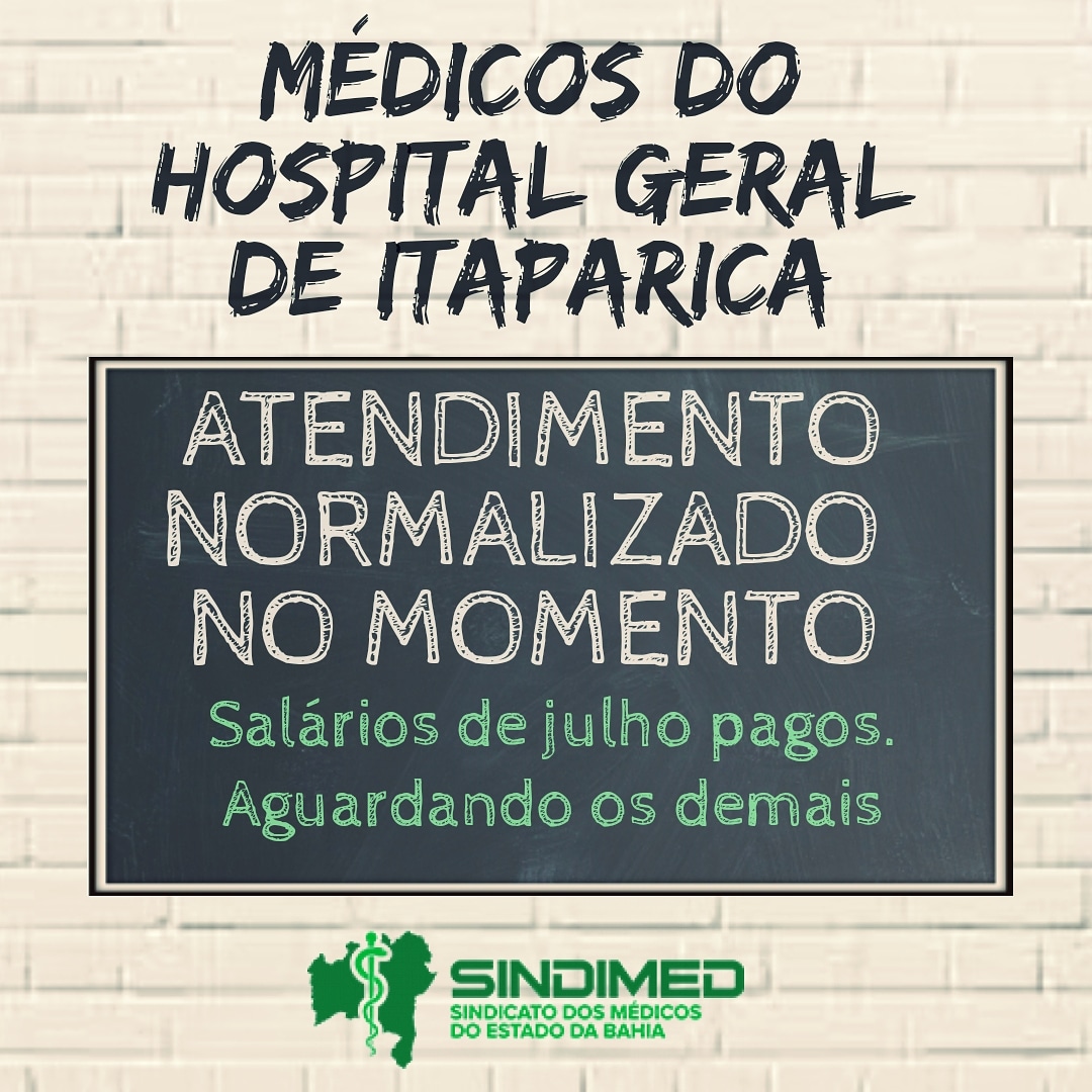 Os médicos do Hospital Geral de Itaparica receberam salários do mês de julho. O Sindimed-BA informa que, no momento, não há restrição de atendimentos programada. Estamos aguardando o pagamento dos demais salários atrasados. #médicosdeItaparica #HospitalGeraldeitaparica #médicosdaBahia #SindimedBA