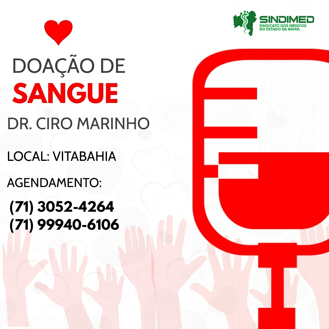 O médico cirurgião Dr. Ciro José Bittencourt Marinho está internado na UGH do Hospital Português precisando de doação de sangue. Quem puder ajudar, deve agendar doação no Vitabahia.  WhatsApp: (71) 9 99940-6106.